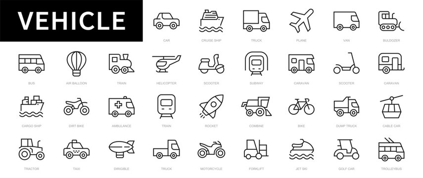 Vehicle thin line icons set. Transport icon. vehicle editable stroke icons collection. Transport types. Vector illustration