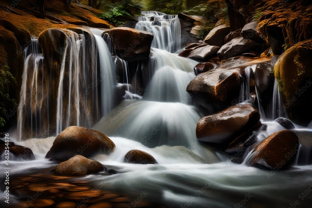Poster design a captivating image of a cascading waterfall, emphasizing the dynamic textures of the rushing