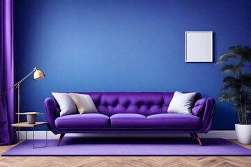 Modern interior design, in a spacious room, a blue  wall, Bright, spacious room, with a comfortable...