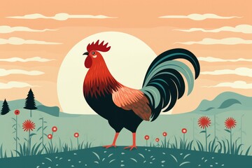 Vintage Children's Storybook Illustration of a Rooster on a Farm