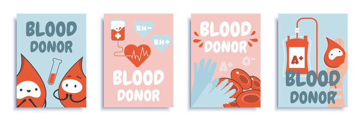 Blood donor cover brochure set in flat design. Poster templates with cute drop characters, test tubes with der liquid, droppers, cells, medical gloves, other symbols of donation. Vector illustration. - obrazy, fototapety, plakaty