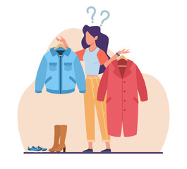 Woman is confused when choosing top outfit when going outdoors. Problem of choice. Thoughtful female character. Fashion clothing on hangers cartoon flat isolated vector shopping concept