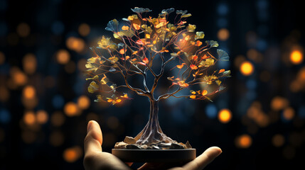 Digital Hand holding Plant on Technological modern Background, tree banner
