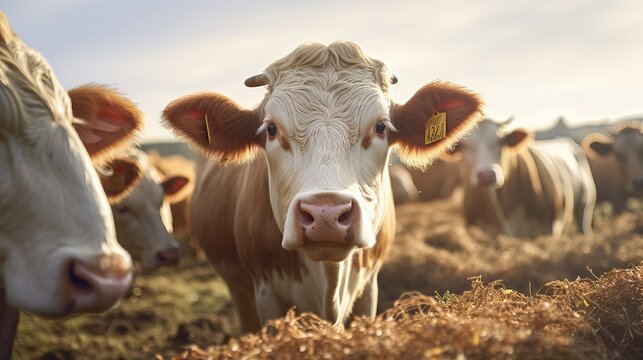 Cow portrait with flies, a cute and young red one, with white blaze and pink nose and looking friendly at the camera. AI generated image