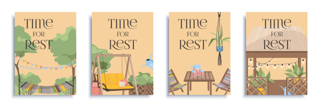 Garden rest cover brochure set in flat design. Poster templates with relax at backyard with hammock, outdoor furnitures, wooden gazebo, summer terrace and patio with greenery. Vector illustration.