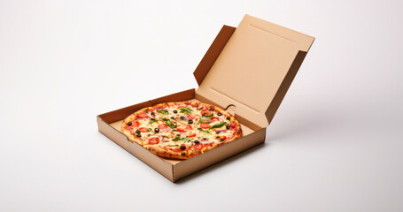 pizza in a takeaway box on white background