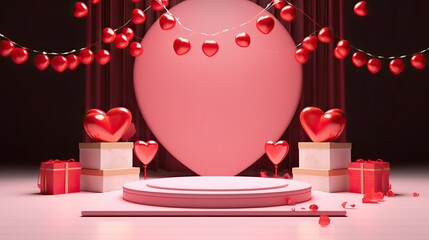 Minimal podium product background for Valentine, Red heart and gift box with ribbon bow on festive background with hearts