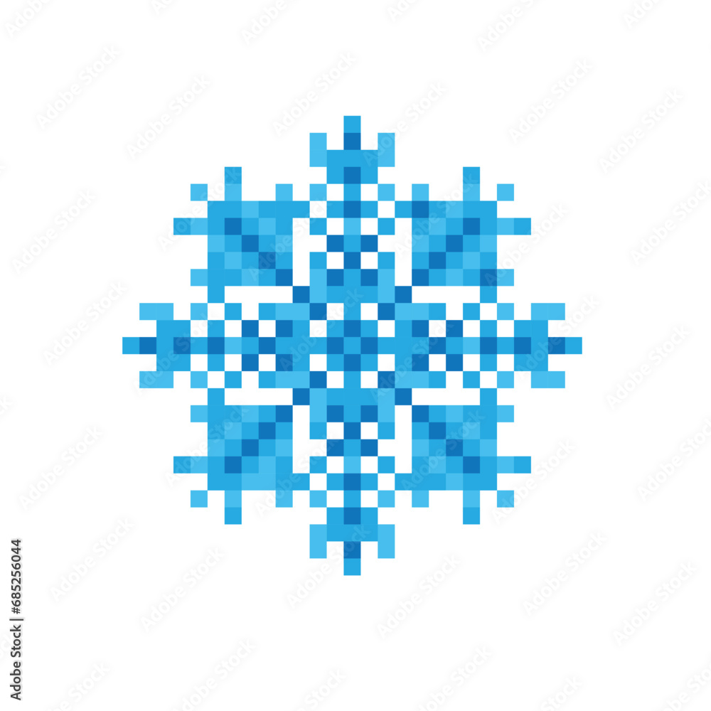 Poster pixel snowflakes icon. vector pixel art snowflake 8 bit logo for game