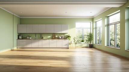 Obraz premium Empty minimalist kitchen in modern cottage or apartment. Pistachio wall, plain white facades, built-in home appliances, indoor plants in pots, large panoramic windows. Mockup.