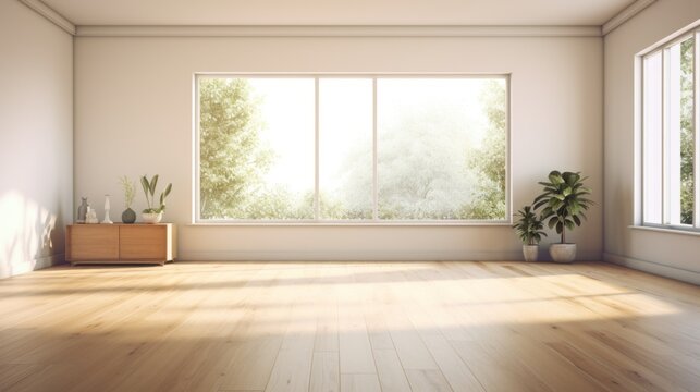 Empty minimalist room in modern apartment. White walls, hardwood floor, wooden commode, indoor plant in pot, large windows with city view. Mockup.