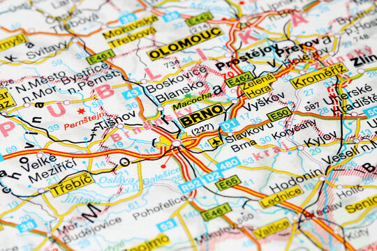 Brno, Czech Republic - November 24, 2023: Brno city road map. Closeup macro view