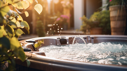 A bubbling hot tub in a backyard. ai generative - obrazy, fototapety, plakaty