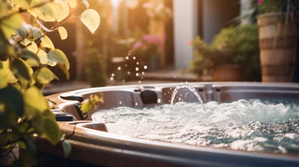 Fotobehang A bubbling hot tub in a backyard. ai generative © Oleksandr