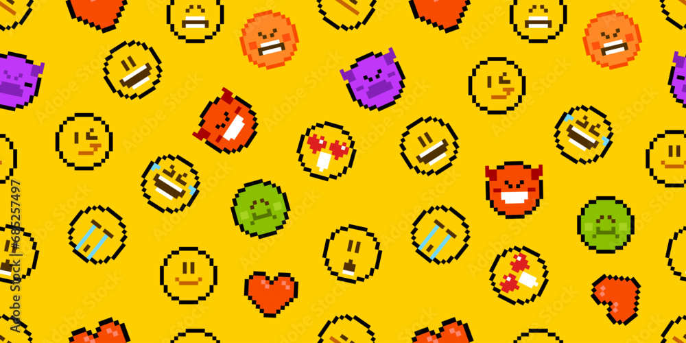 Poster pixel seamless pattern on yellow background. vector 8 bit cute emoticon and face expressions. funny 