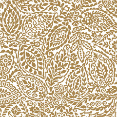 Indian Nature Ornament. Floral Botanical Pattern. Gold Foliage on White Background. Linocut Print. Vector illustration. Fabric and Textile Wallpaper. Folk Rustic Golden Decor.