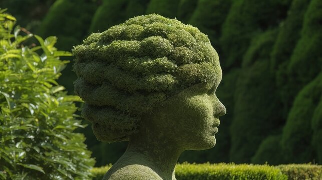Garden topiary shaped like a human head, meticulously trimmed. Symbolizing mental health, the artful greenery evokes a sense of mindfulness, balance, and harmony in the tranquility of the garden.