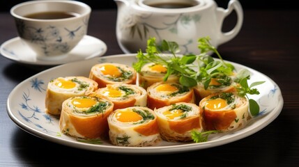 Fototapeta na wymiar Gourmet breakfast rolls with fried eggs.