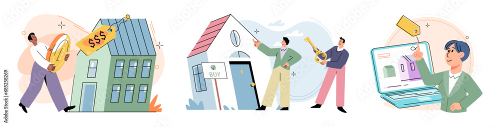 Wall mural buying and choosing housing. vector illustration the business expanded into larger building choosing