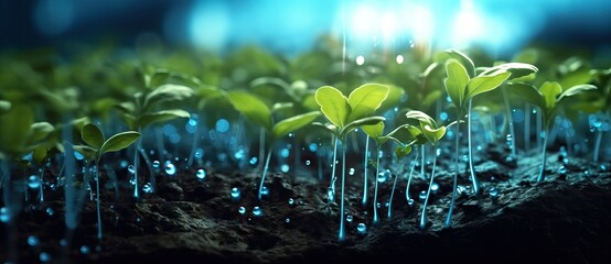 Young plant growing in soil on water drop background. AI generated image