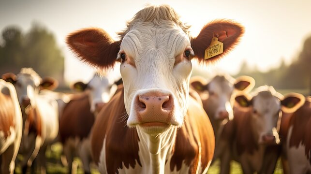 Cow portrait with flies, a cute and young red one, with white blaze and pink nose and looking friendly at the camera. AI generated image