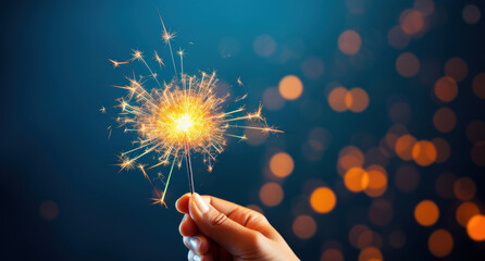 Hand holding a burning sparkler with Christmas lights in the background