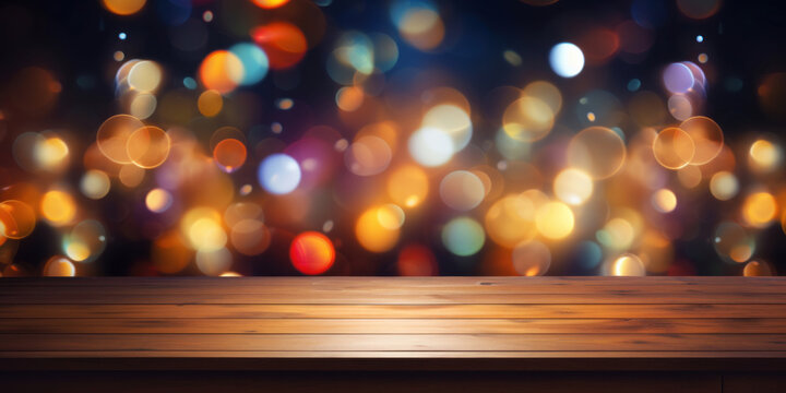 Empty wooden table with Christmas lights in the background