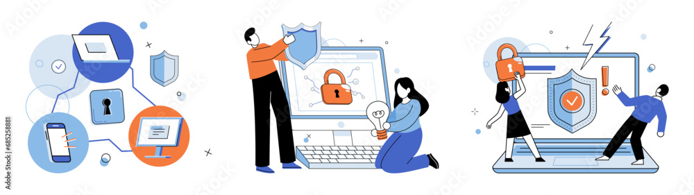 Poster cyber security vector illustration. firewall software acts as digital guard, protecting against unau