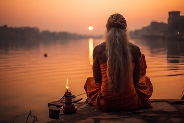religious hindu elderly man sitting on a rock in the river meditating and praying - obrazy, fototapety, plakaty