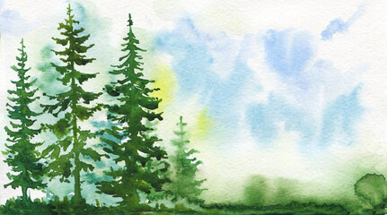 Watercolor illustration of spruces and sky, with empty space, hand drawn background with bright colors on nature theme