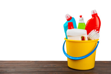 Cleaning products for home cleaning isolated on white background. Cleaning concept. Close-up. Household chemicals.Cleaning and detergents in plastic bottles, sponges and gloves.Mockup. Design.