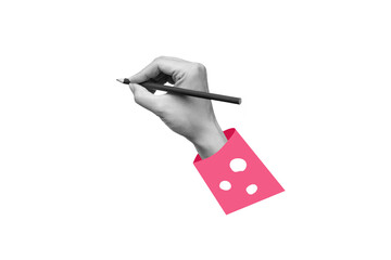 A female hand in pink sleeve holding pencil drawing or writing on white background. Mockup with...