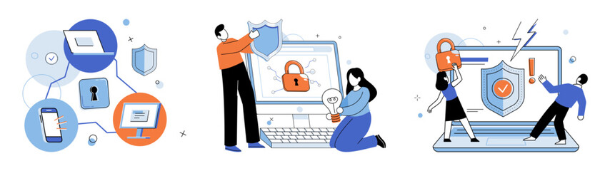 Cyber security vector illustration. Firewall software acts as digital guard, protecting against unauthorized access Personal privacy must be safeguarded through secure digital systems Support