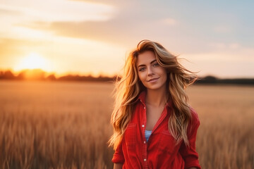 Beautiful blonde girl in a wheat field. She is wearing a red shirt and is looking amazing. We can see rays of sun. There is a big wheat behind the girl.