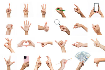Set of hands showing gestures ok, peace, heart shape, thumb up, point to object, shaka, dislike, holding magnifying glass, phone, money, writing on a white background. Creative collage. Modern design