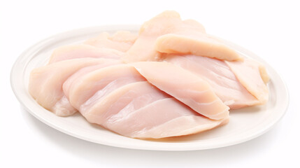 Crunchy slices of poultry fillets on a white plate.