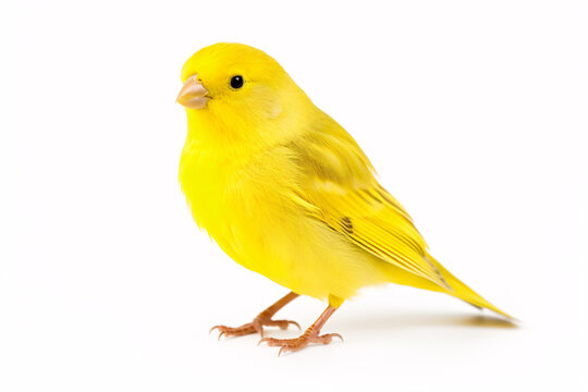 A lone canary, captured in a pristine white backdrop, was snapped in a studio.