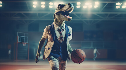 Abstract sports concept. Portrait of a dinosaur in an elegant suit on a basketball court.  - obrazy, fototapety, plakaty