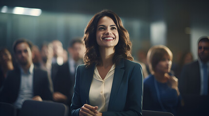 Happy Hispanic woman giving a corporate presentation at a conference. Business concept.