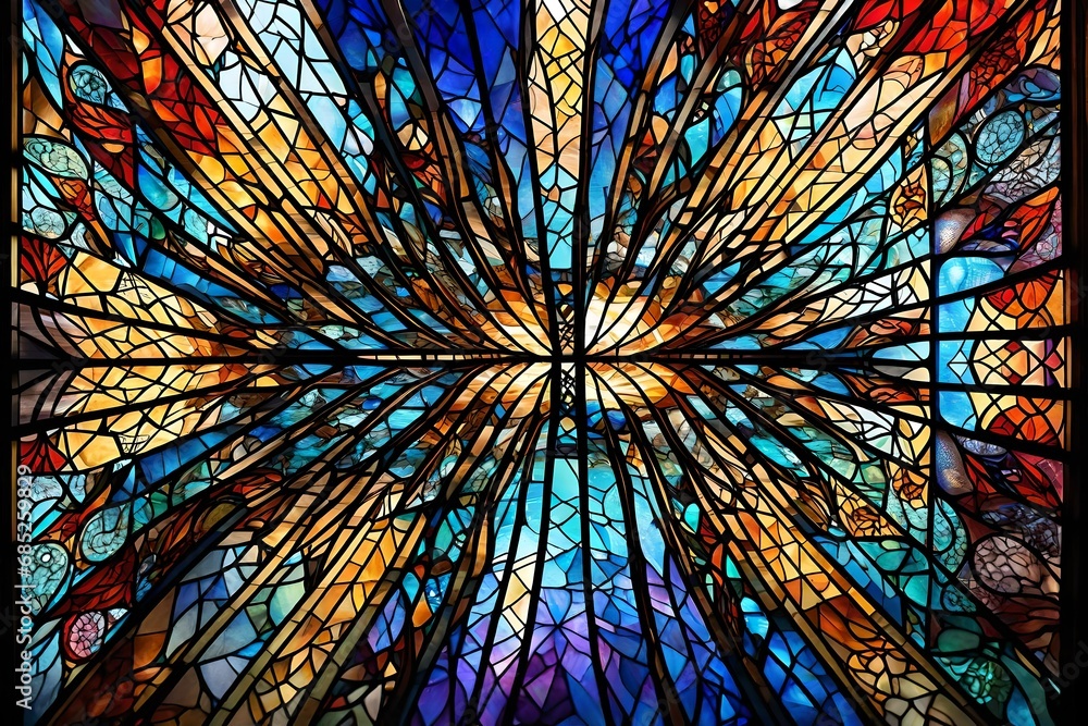 Poster generate an image showcasing the intricate patterns of a stained glass window,