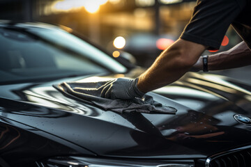 A man cleaning black car with microfiber cloth, car detailing (or valeting) concept. Selective focus. Generative Ai - obrazy, fototapety, plakaty