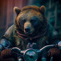  bear wearing a jacket and bike with blur city bg
