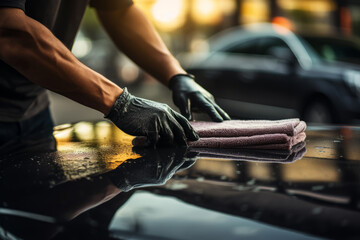 A man cleaning black car with microfiber cloth, car detailing (or valeting) concept. Selective focus. Generative Ai - obrazy, fototapety, plakaty