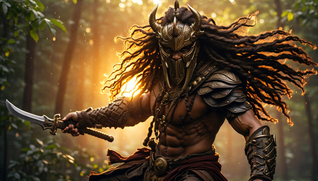 An Asian warrior in a fighting stance.