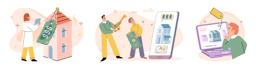 Real estate search. Vector illustration People looking for home considered their budget and preferences Investing in house through buying offered long-term financial benefits The mortgage The mortgage