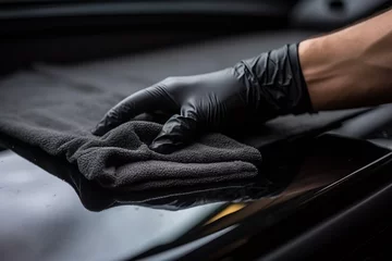 Foto op Plexiglas A man cleaning black car with microfiber cloth, car detailing (or valeting) concept. Selective focus. Generative Ai © Anthony Paz