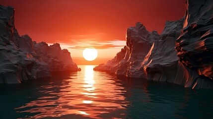 Beautiful sunset on the sea, 3d rendering. Computer digital drawing, Generative AI illustrations.
