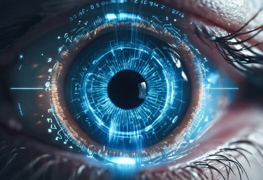 Innovazione Visiva- Occhio Blu con Simboli Tecnologici e Luce Laser