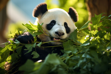 A panda chewing on  bamboo, natural florest. Generative Ai