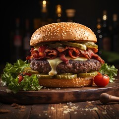 A image of Bacon burger with beef patty on dark wooden table Generative AI