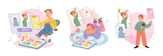 Children with smartphone. Vector illustration. Smartphones have become essential tool in educational journey school aged children Mobile phones offer access to internet, enabling children to explore